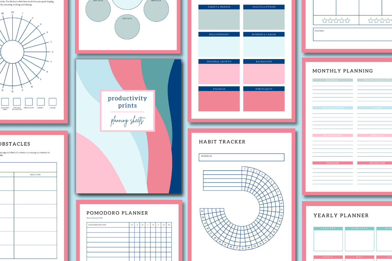 productivity prints printables laid out on blue background