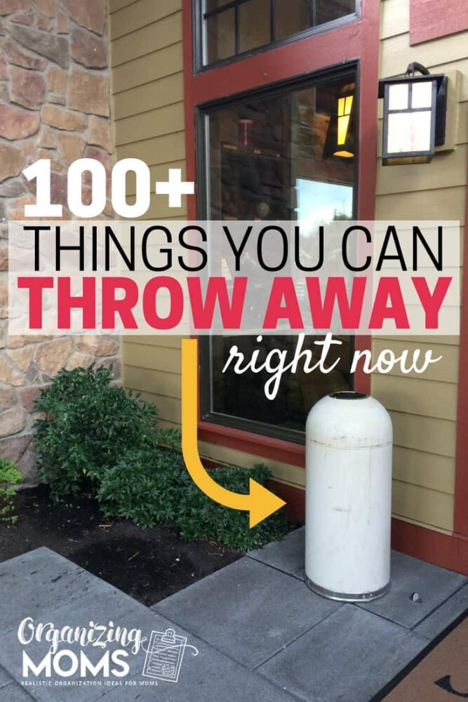A garbage can in front of a building with text 100+ Things You Can Throw Away right now