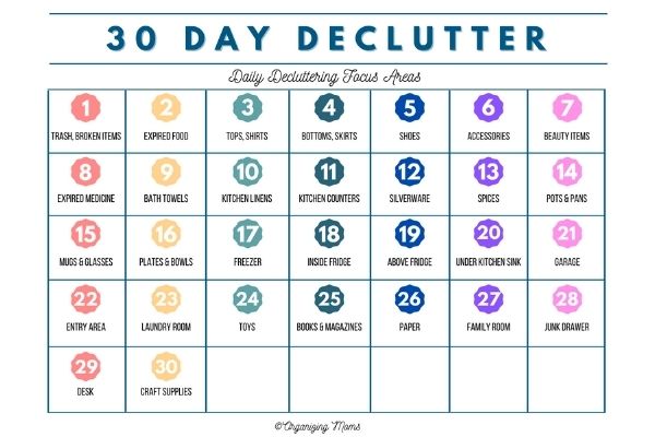 30 Day Declutter calendar with small tasks listed out for each day