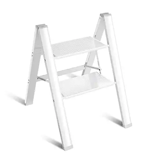 2 Step Ladder Folding Step Stool Auminum Portable Step Stools for Adults Wideing Anti-Slip Pedals Kitchen Step Stool for Home and Kitchen White 330 lb