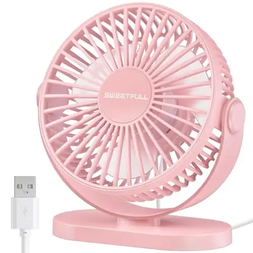 SWEETFULL USB Desk Fan Small Quiet - 3 Speeds Mini Personal Portable Fan 360 Rotation Adjustable, 5 Inch Office Table Cooling Gadgets on Desktop (Pink)