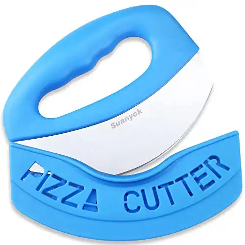 Suanyok Premium Pizza Cutter Food Chopper-Super Sharp Blade Stainless Steel Pizza Cutter Rocker Slicer with Protective Sheath Multi Function Pizza Knife Kitchen Tools,Dishwasher Safe (Blue)