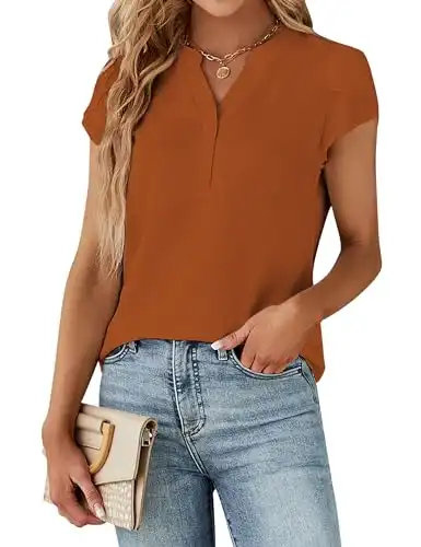 Blooming Jelly Women's Dressy Casual Tops Business Work Blouses 2024 Summer Button Down Shirts Cute Petal Sleeve V Neck Tshirt (Caramel,Large)