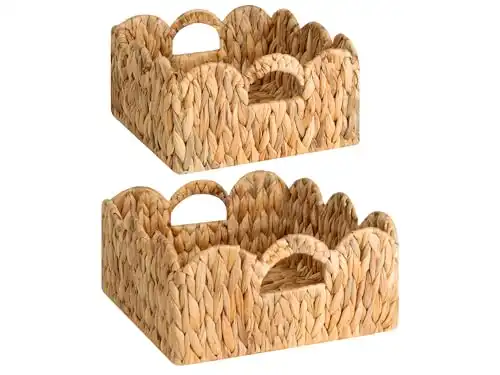 StorageWorks Scalloped Wicker Basket, Nursery Basket with Handles, Woven Rattan Baskets for Organizing, Scalloped Edge Basket Shelf Decorative, Water Hyacinth Bathroom Living Room Organizer, Set of 2