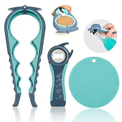 Jar Opener for Weak Hands, Seniors with Arthritis, 5 in 1 Multi Function Bottle Opener Lid Opener For Arthritic Hands with Non Slip Rubber Jar opener Gripper Pad(3-piece set, Blue)