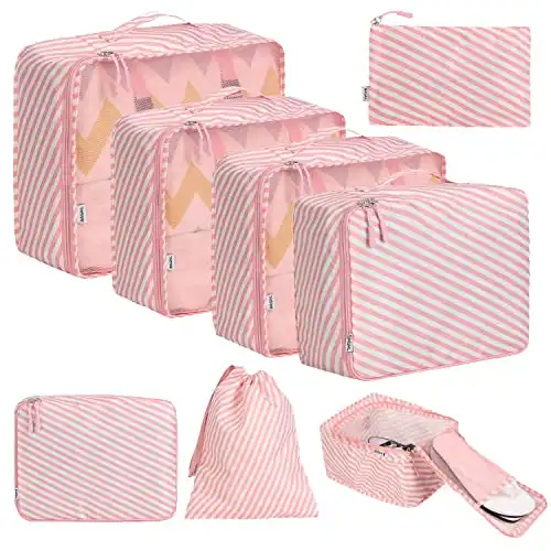 BAGAIL 8 Set Packing Cubes Luggage Packing Organizers for Travel Accessories-White and Pink Stripe