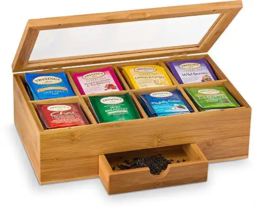 Bambüsi Tea Bag Organizer – Tea Organizer: Wooden Tea Box with 8 Compartments, Acrylic Window, and Magnetic Lid, Made of Bamboo – Keeps Tea Bags Fresh (Tea Not Included) – Great Gif...