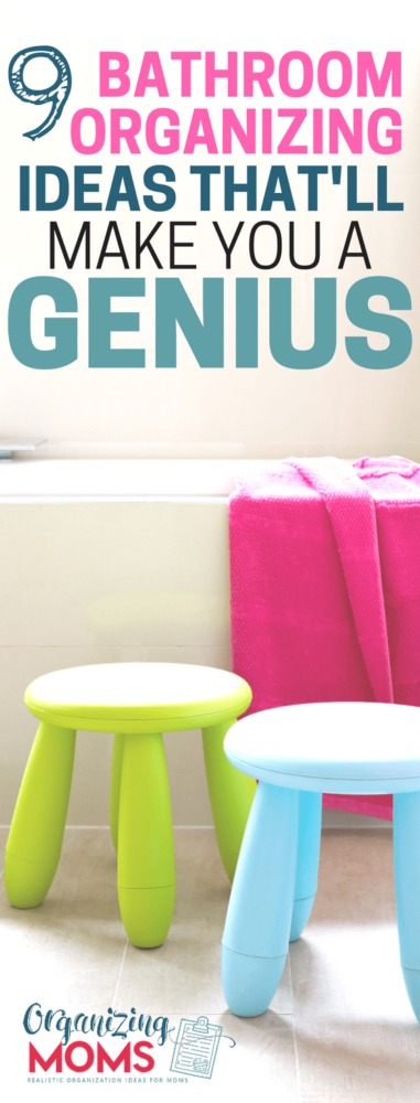 Text - 9 Bathroom Organizing Ideas That'll Make You a Genius. Image of colorful stools and towel in front of bathtub.