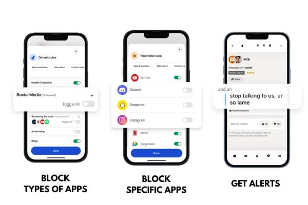 Shows Bark app screen interface for blocking apps, app categories, and receiving alerts.