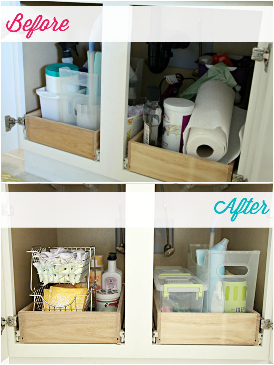 Bathroom_Sink_Organization_Before_After of under bathroom sink before organization container were added and what it looks like afterwards with containers