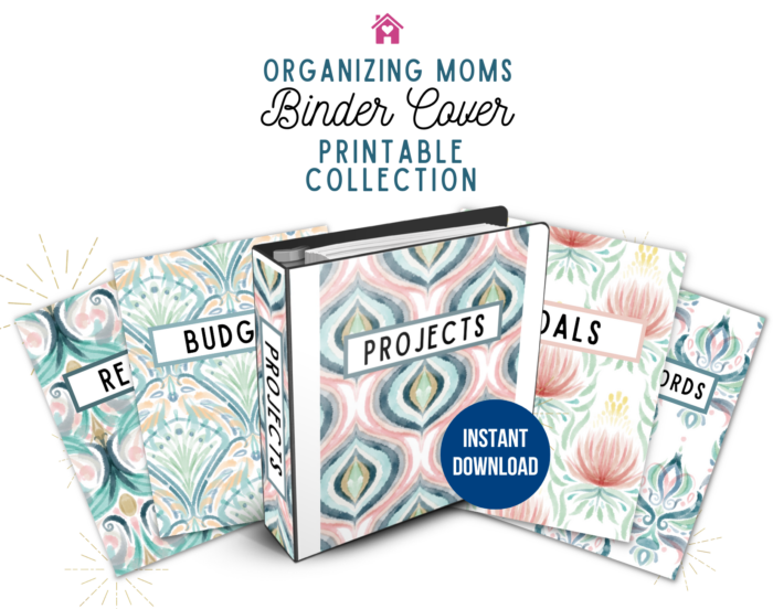 Organize Moms Binder Cover Printable Collection Instant download.  An image of a binder surrounded by four printable binder covers.