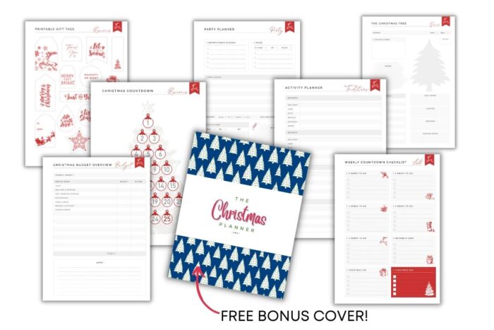 Christmas planner printables on white background.Text - Free Bonus Cover