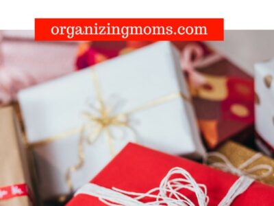 Text - Useful and Creative Christmas Gifts for Teachers organizingmoms.com. Image of Christmas gifts piled on floor.