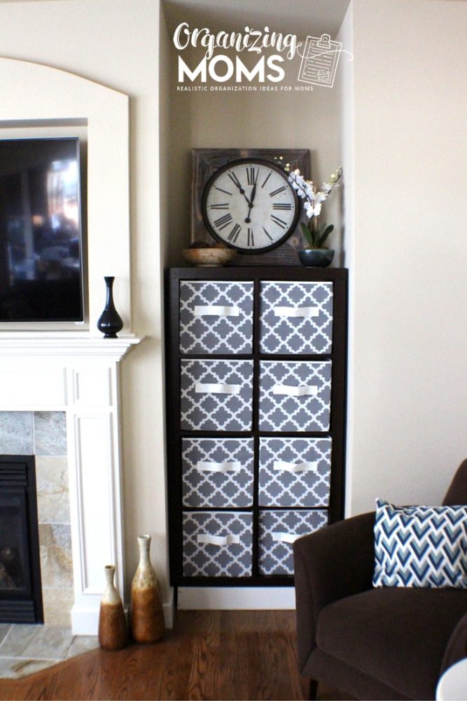 How to use a cube shelf storage system to organize a family room.