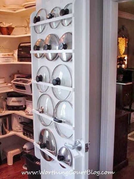 DIY pan lid organization on inside of pantry door