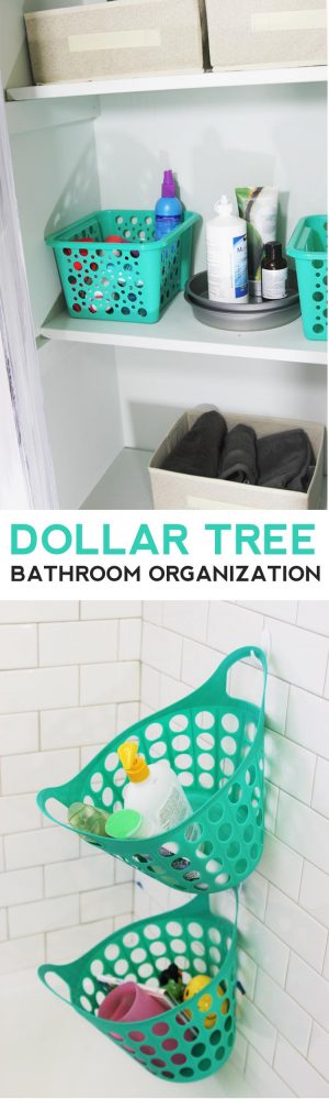 DOLLAR-TREE bathroom organization - text - image of green dollar tree baskets used to organize tub and linen closet