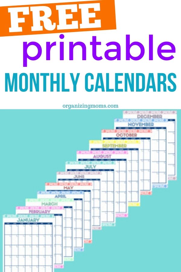 Text - Free printable monthly calendars organizingmoms.com . Image of 12 monthly calendar printables on blue background.