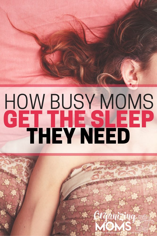 Text - How busy moms get the sleep they need. Image of a woman sleeping in a bed.