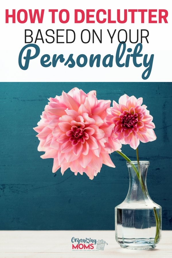 Text - How to Declutter Based on Your Personality. Image of A vase filled with pink flowers on a table with blue background