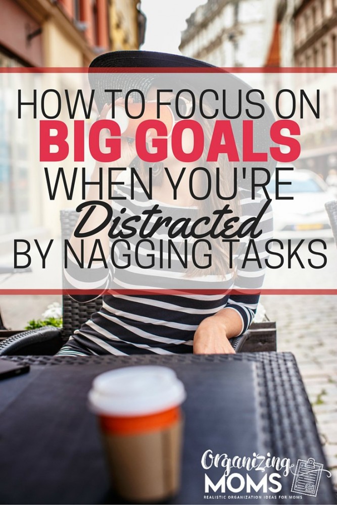 Text - How to focus on big goals when you\'re distracted by nagging tasks. Background image of woman drinking coffee at outdoor table.