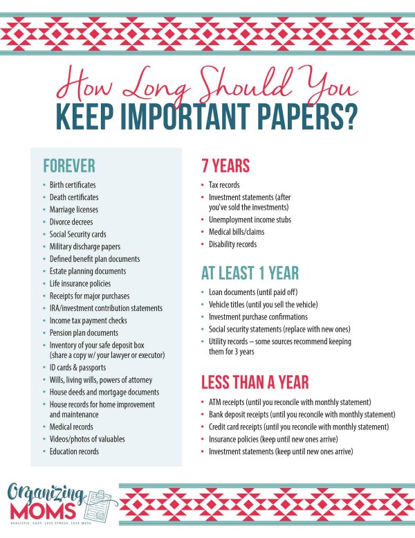 Free printable cheat sheet to help you figure out which important records you need to keep and for how long. 