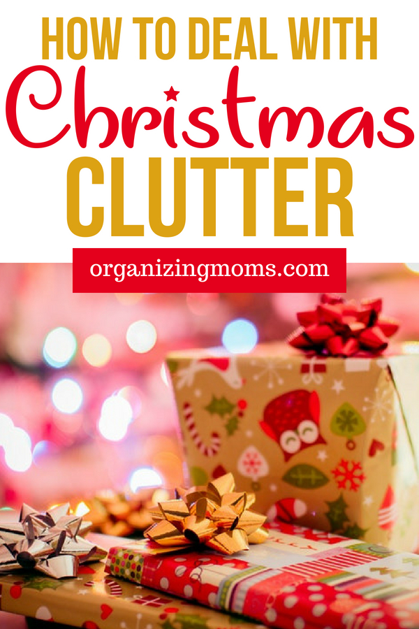 Text - How to Deal with Christmas Clutter organizingmoms.com . Image of Christmas gifts wrapped with bows.