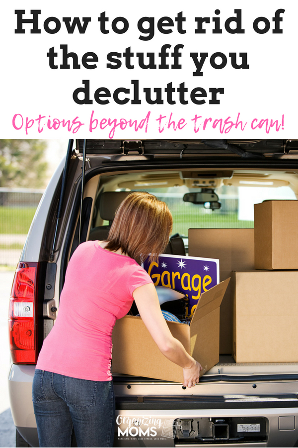 Text - How to get rid of the stuff you declutter Options beyond the trash can! A woman standing in front of a car loading decluttered items into trumk.