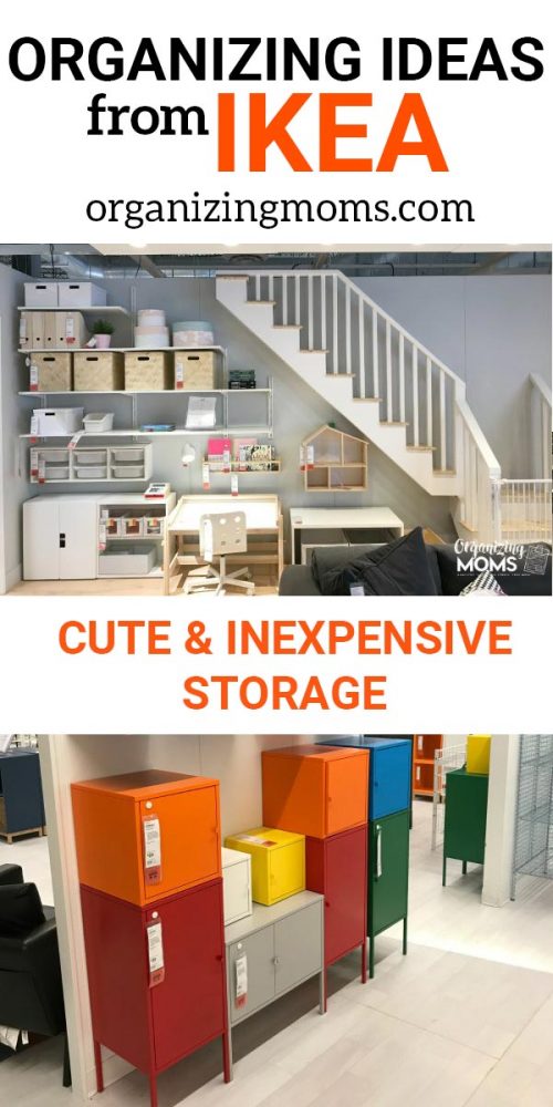 Text - Organizing ideas from IKEA organizingmoms.com cute & expensive storage. Images of IKEA showroom in background