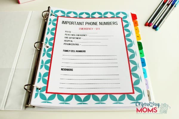 Important Phone Numbers sheet from Organizing Moms