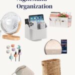 Collage of nightstand organization items. Text says Nightstand Organization.