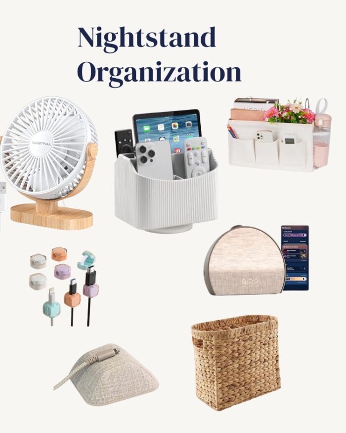 Collage of nightstand organization items. Text says Nightstand Organization.
