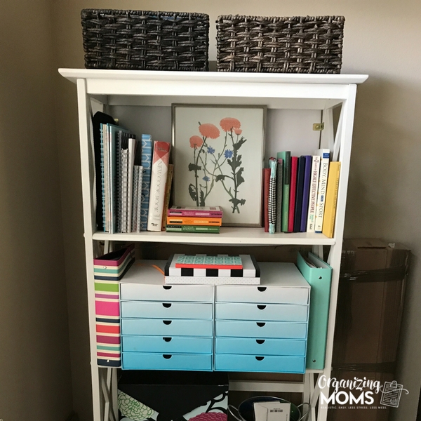 Organized office shelf with drawers for storage - one of the ideas in our how to organize your home series.