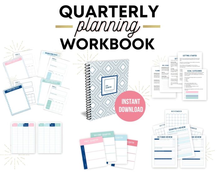 text quarterly planning workbook instant download with images of the workbook and planning pages