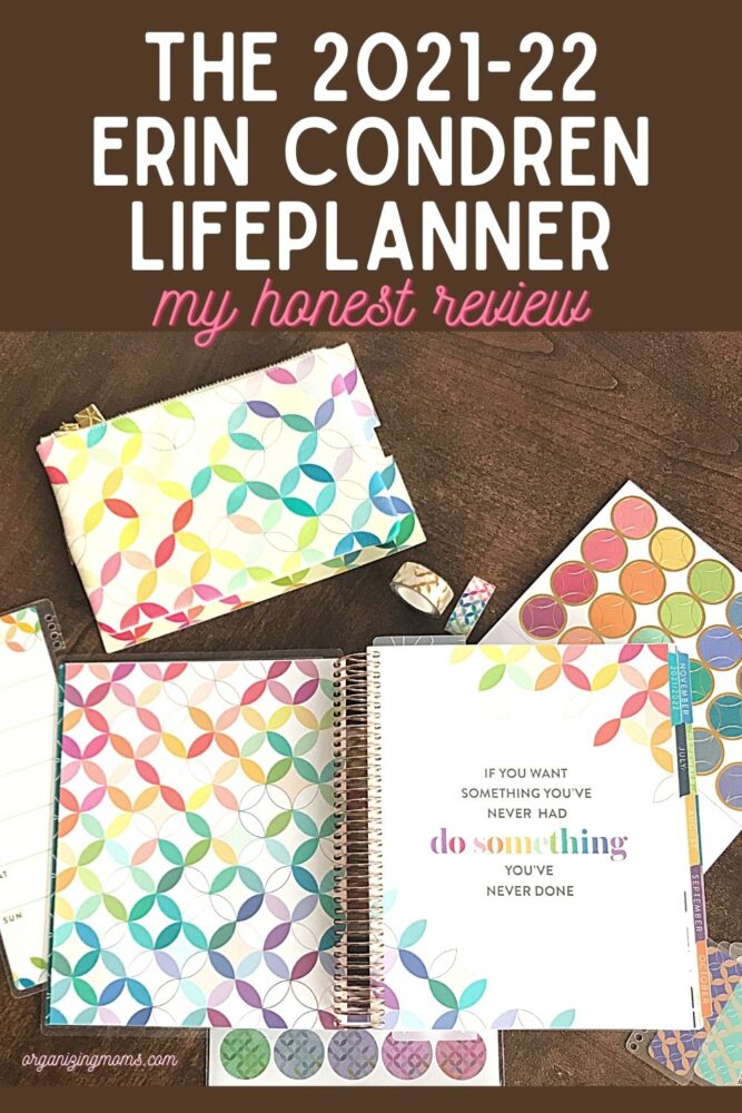 text - The 2021-22 Erin Condren LifePlanner my honest review. image of open life planner and stickers on wooden table