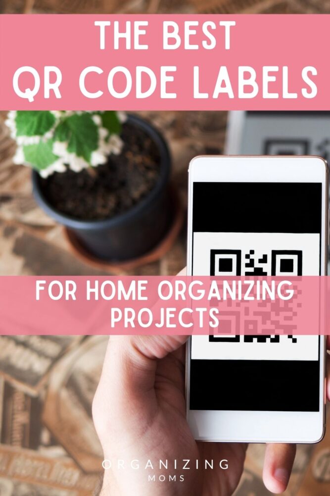 Text: The best QR Code Labels for organizing projects. Image of smartphone with qr code on screen, wooden table, plant