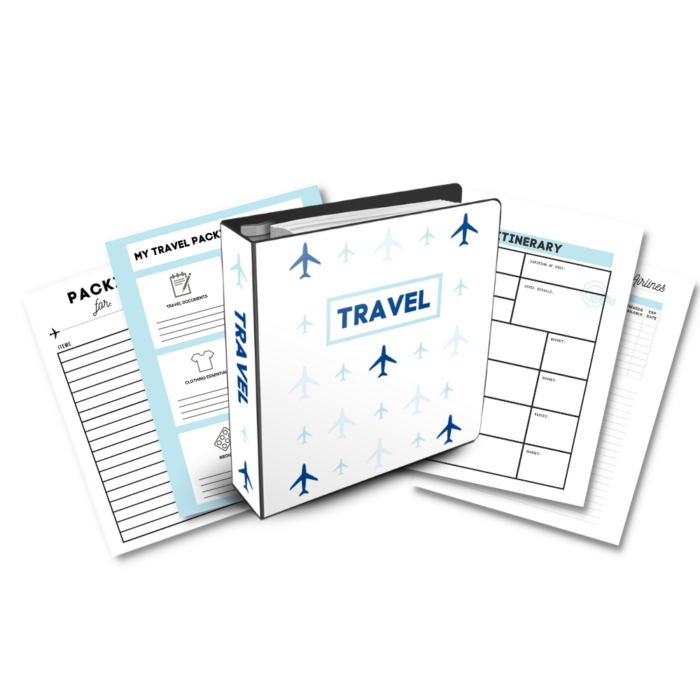 A travel binder containing the printed materials of several travel organizations.
