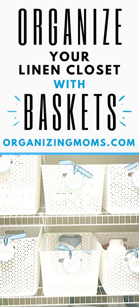 white baskets in linen closet used for organization