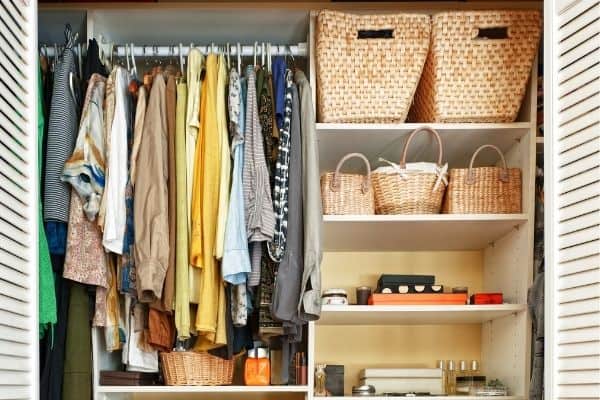 baskets for storage in closet, hanging clothes