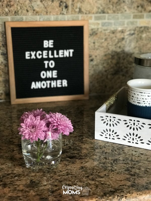 Coffee bar decorations! We repurposed our kitchen desk as a coffee bar, and put these fun coffee decor items on the countertop.