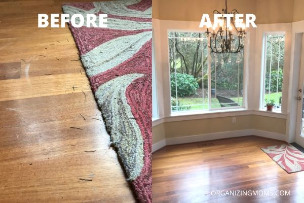 before and after floor cleaning with pine needles