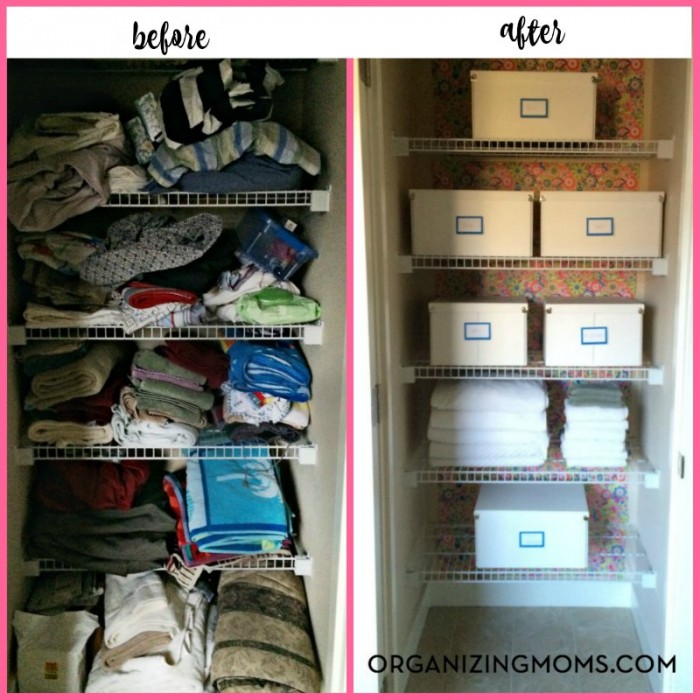 Before and after pictures of linen closet crammed with towels, bedding. After picture shows items organized in boxes and towels neatly folded.
