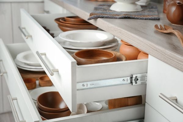 bowls stored in deep kitchen drawers