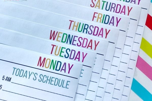 Close up of daily planning sheets.