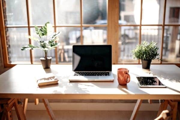 command center desk with laptop mug tablet and plants in front of window