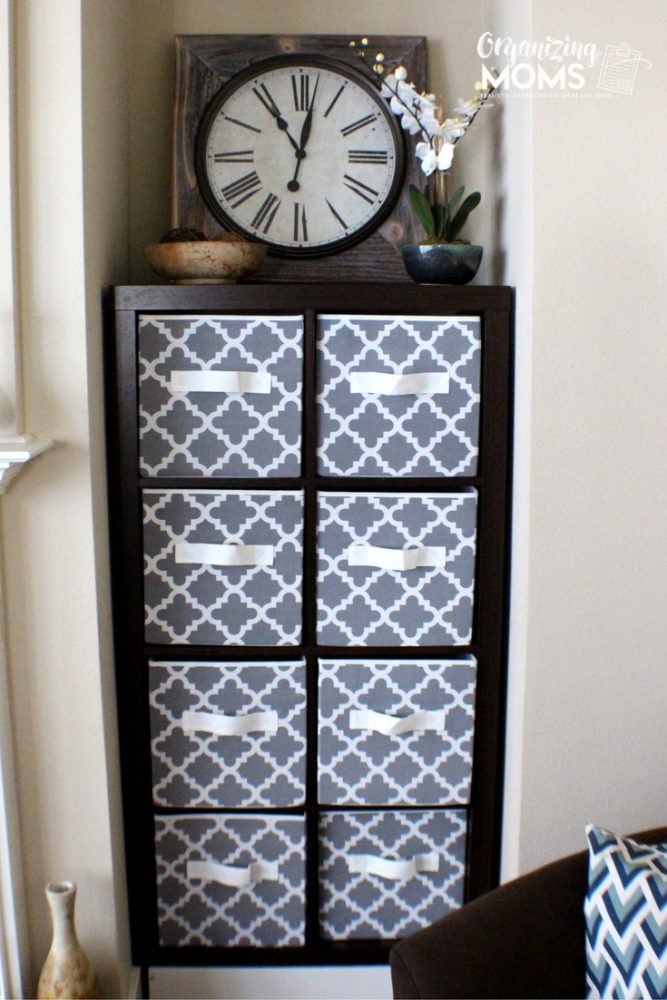 How to use a cube shelf storage system to organize a family room.