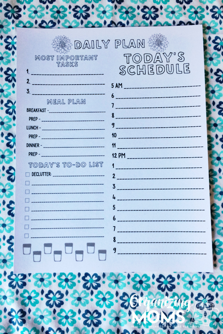 Daily plan sheet. Printable coloring page. Organizing Moms.
