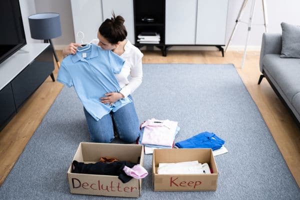 Woman decluttering clothes and putting them into declutter and keep boxes.