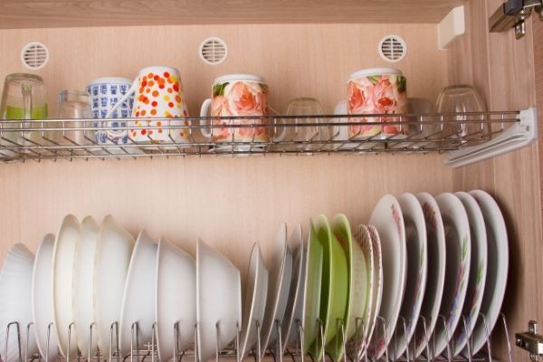 dishes in kitchen cabinets