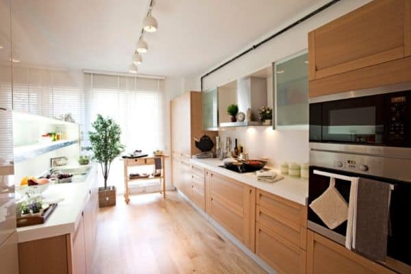 bright kitchen with wooden counters and floors, plant