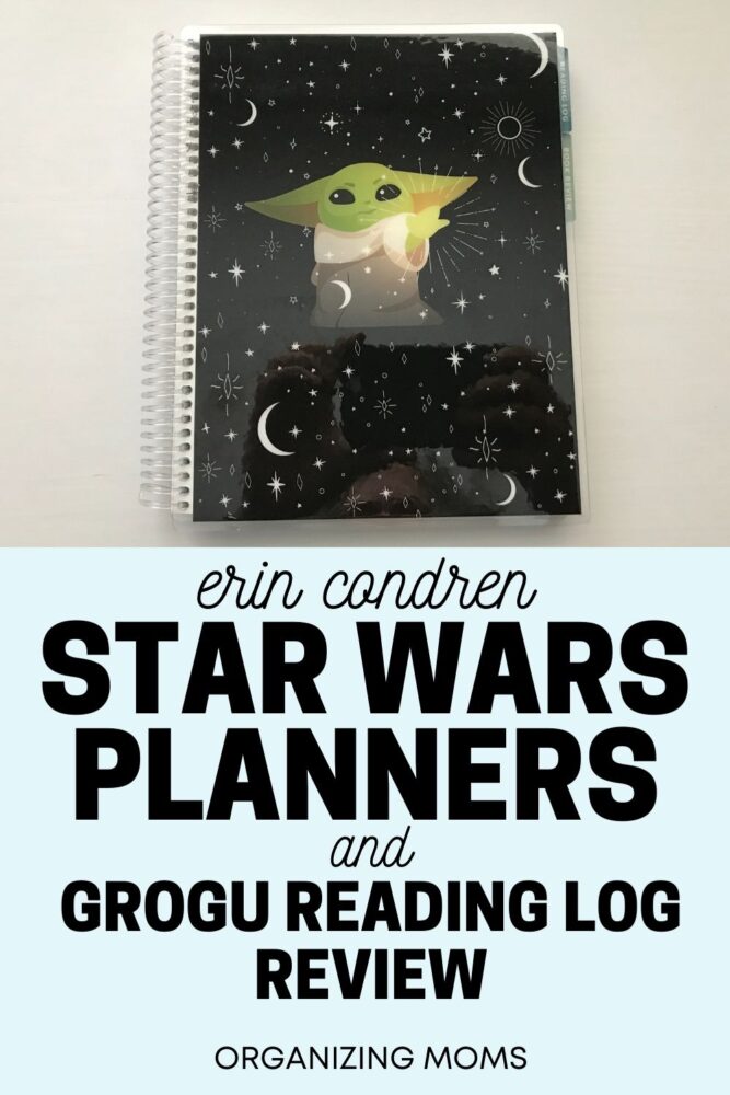 image of grogu planner cover and text erin condren STAR WARS PLANNERS and Grogu Reading Log Review